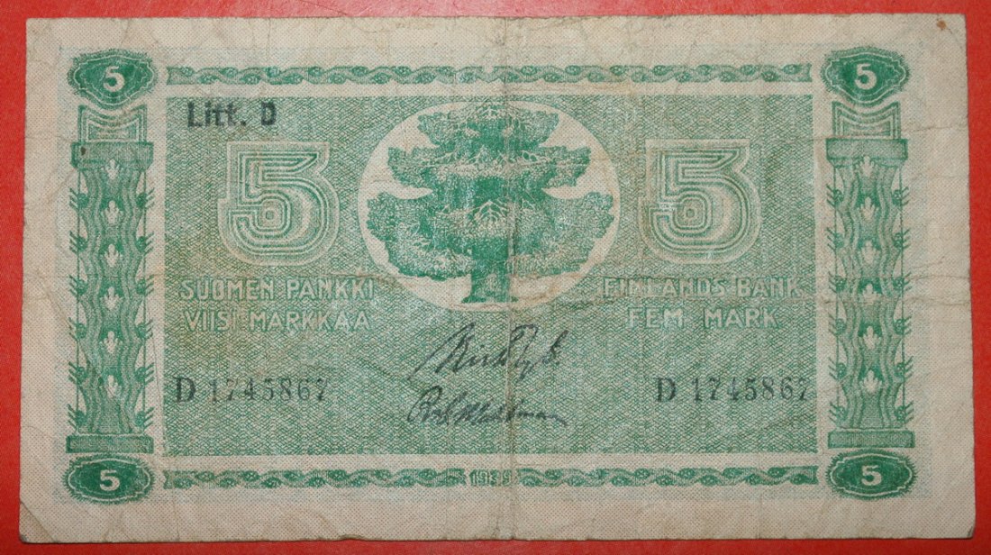  * TYPE II: FINLAND ★ 5 MARKS 1939! Ryti/Wahlman ★LOW START ★ NO RESERVE!   