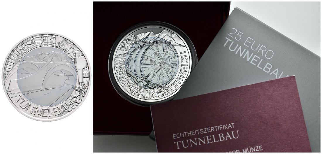 PEUS 8237 Österreich 9 g Feinsilber + 6,5 g Feinniob. Tunnelbau mit Zertifikat + Originalverpackung 25 Euro SILBER + NIOB 2013 Stempelglanz (in Kapsel)