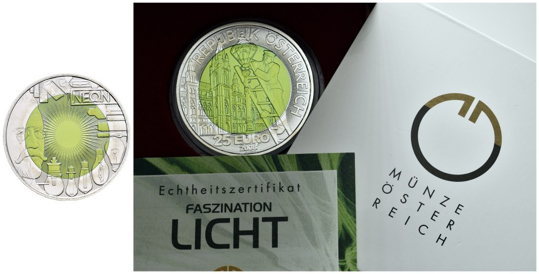 PEUS 8241 Österreich 9 g Feinsilber + 6,5 g Feinniob. Faszination Licht mit Zertifikat + Originalverpackung 25 Euro SILBER + NIOB 2008 Stempelglanz (in Kapsel)