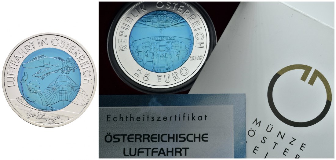 PEUS 8242 Österreich 9 g Feinsilber + 6,5 g Feinniob. Luftfahrt mit Zertifikat + Originalverpackung 25 Euro SILBER + NIOB 2007 Stempelglanz (in Kapsel)