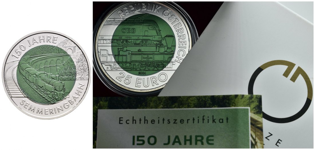 PEUS 8245 Österreich 10 g Feinsilber + 7,15 g Feinniob. 150 Jahre Semmeringbahn mit Zertifikat 25 Euro SILBER + NIOB 2004 Stempelglanz (in Kapsel)
