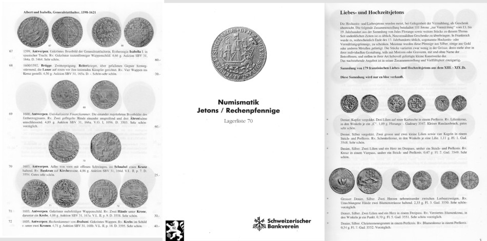  Schweizerischer Bankverein UBS Basel/Zürich - Lagerliste 70  Jetone / Rechenpfennige   