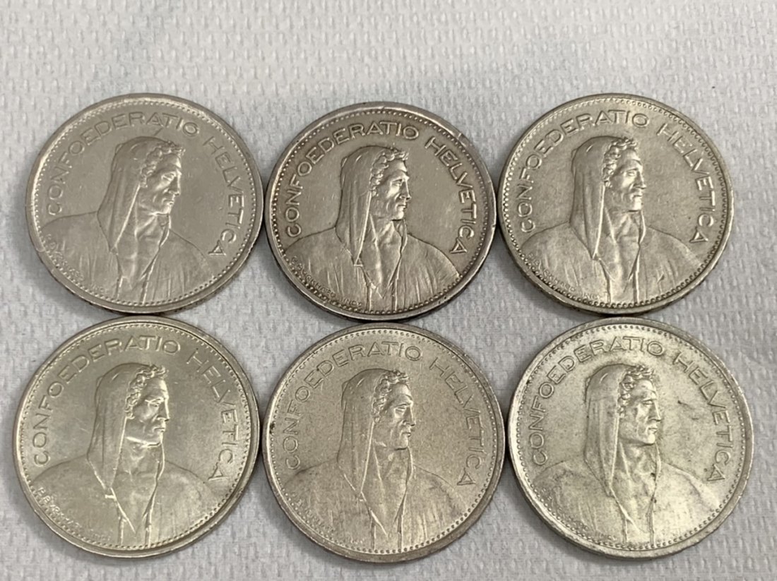  Schweiz 6 x 5 Franken in Silber 1953, 1954, 1965, 1966, 1967, 1969   