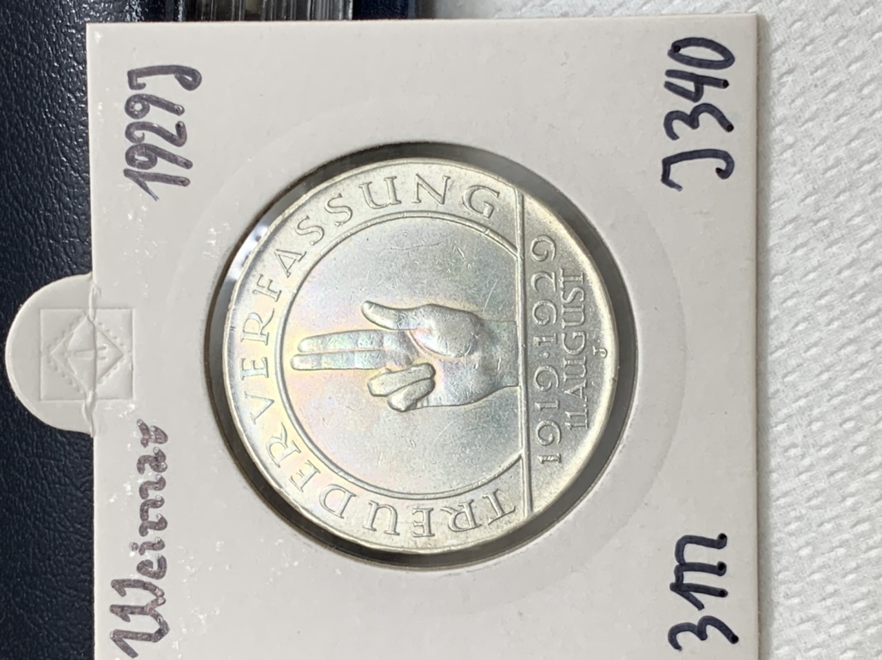 Weimar 3 Reichsmark 1929 J Schwurhand J 340 in sehr guter Erhaltung
