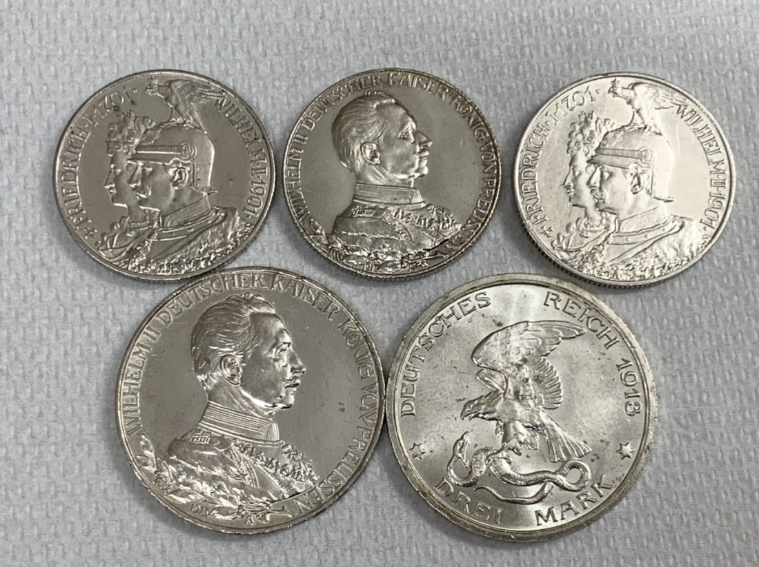 Preussen Lot 5 Silbermünzen 3x2 Mark, 2x3 Mark in guter Erhaltung   