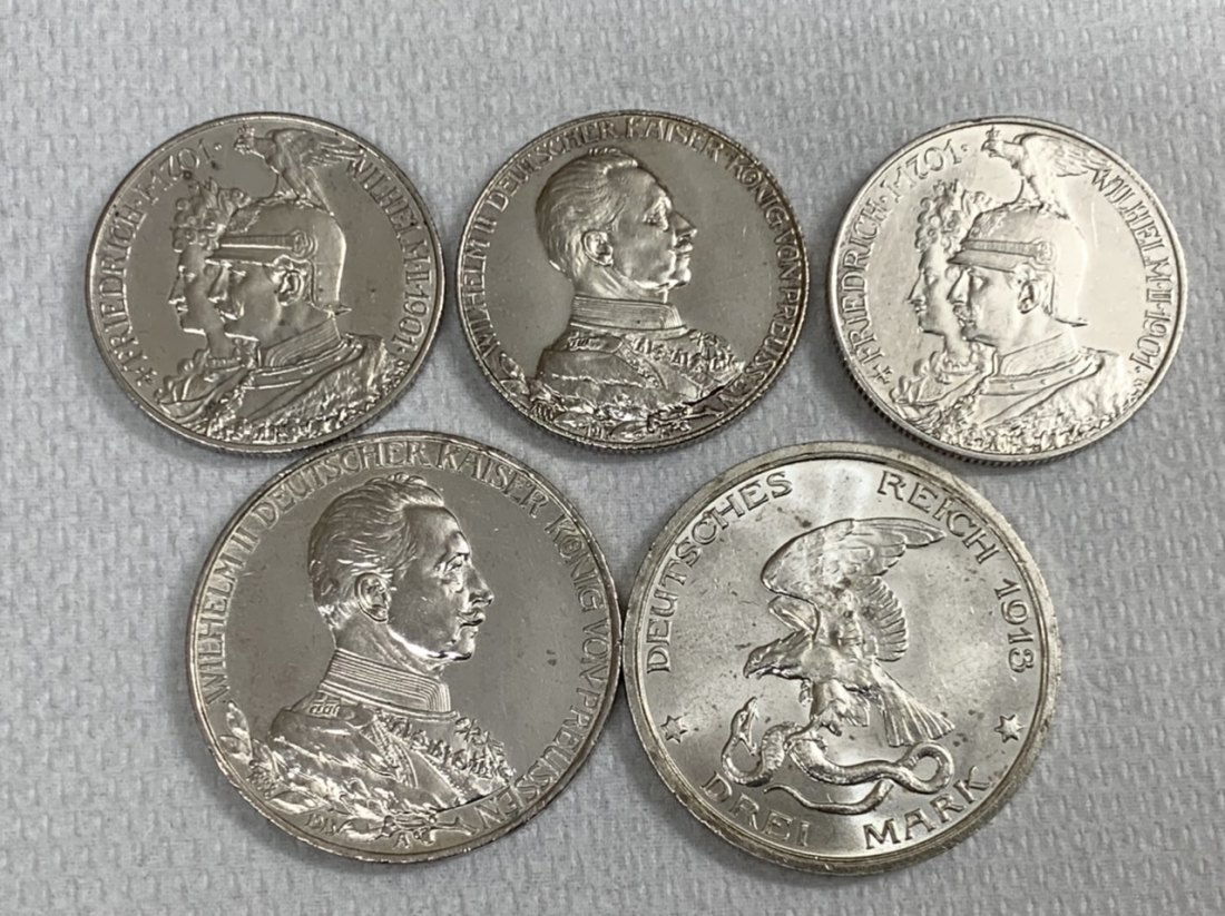 Preussen Lot 5 Silbermünzen 3x2 Mark, 2x3 Mark in guter Erhaltung