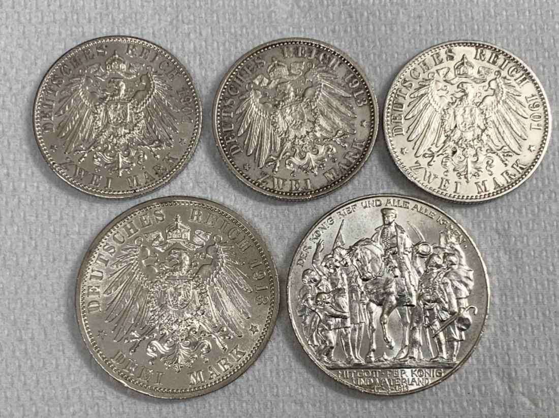  Preussen Lot 5 Silbermünzen 3x2 Mark, 2x3 Mark in guter Erhaltung   