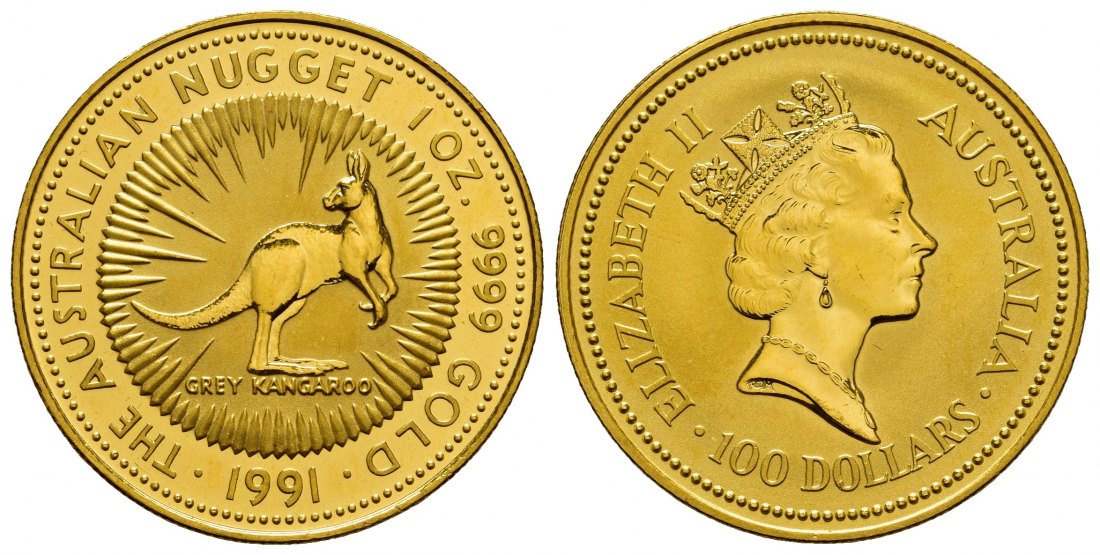 PEUS 8248 Australien 31,1 g Feingold. Graues Känguru 100 Dollars GOLD Unze 1991 Kl. Kratzer, Vorzüglich + (Kapsel)