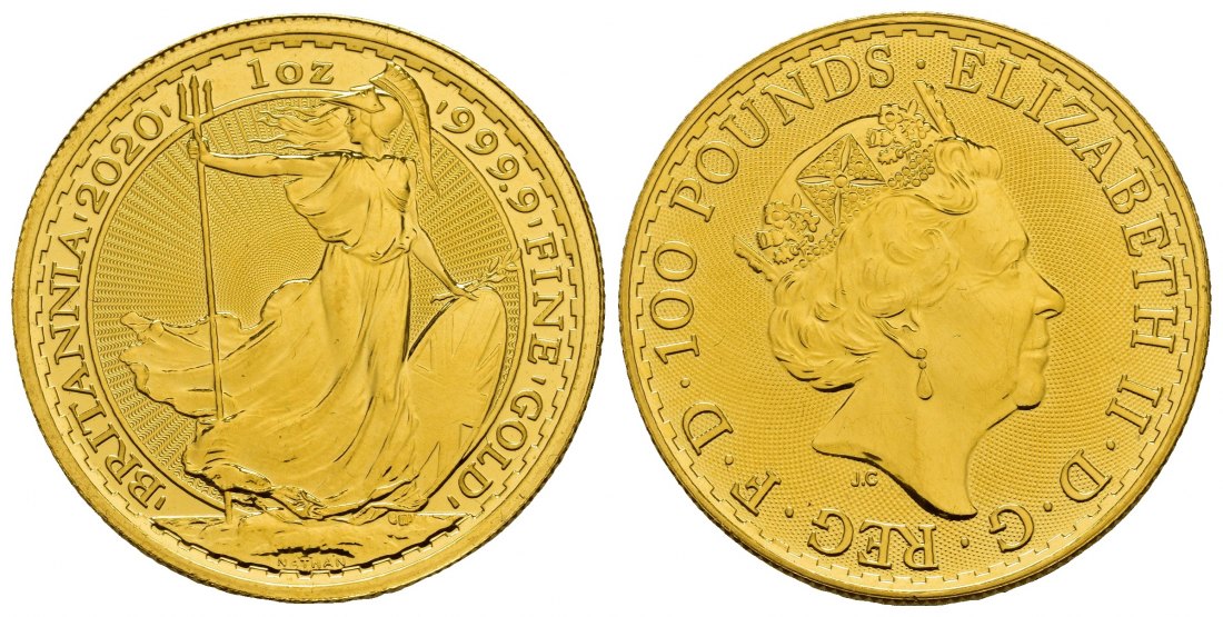 PEUS 8249 Großbritannien 31,1 g Feingold. Stehende Britannia 100 Pounds GOLD Unze 2020 Uncirculated (Kapsel)