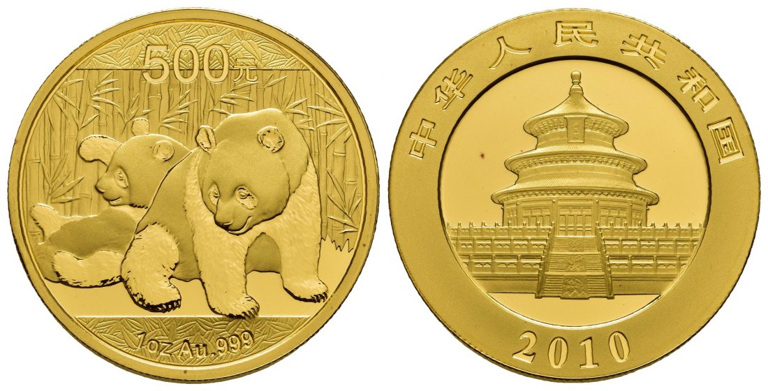 PEUS 8250 China 31,1 g Feingold. Zwei Pandas 500 Yuan GOLD Unze 2010 Polierter Platte (Kapsel)