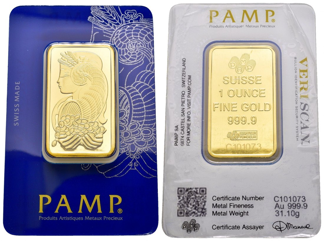 PEUS 8256 Schweiz 31,1 g Feingold. PAMP Barren GOLD Unze o.J. Proof (eingeschweißt)