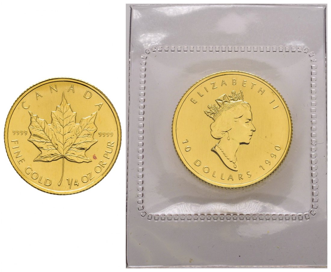PEUS 8258 Kanada 7,78 g Feingold. Maple Leaf 10 Dollars GOLD 1/4 Unze 1990 Uncirculated (eingeschweißt)