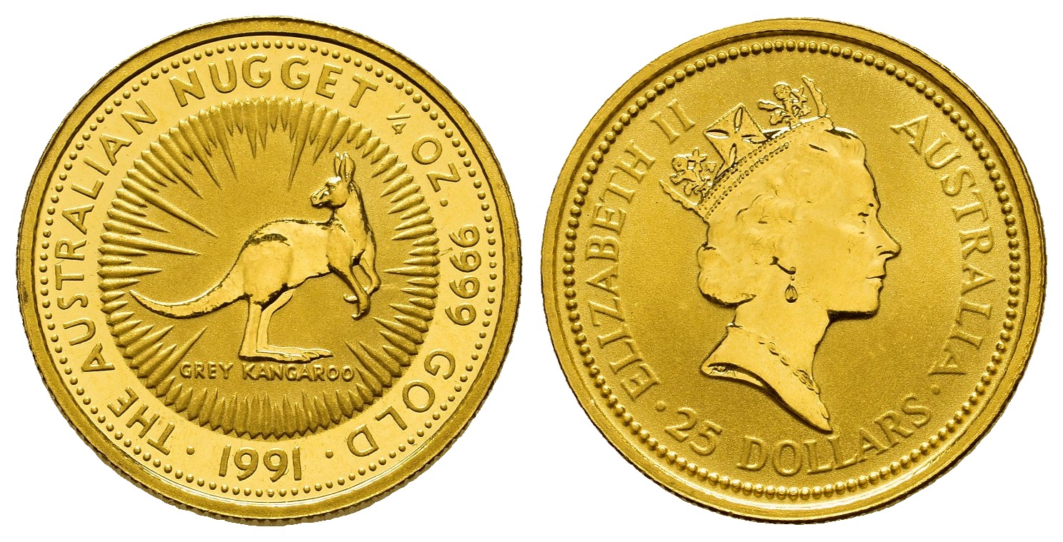 PEUS 8262 Australien 7,78 g Feingold. Graues Känguru 25 Dollars GOLD 1/4 Unze 1991 Uncirculated