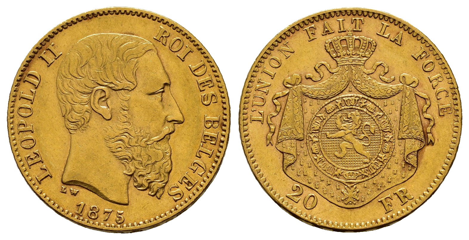 PEUS 8266 Belgien 5,81 g Feingold. Leopold II. (1865-1909) 20 Francs GOLD 1875 Sehr schön +