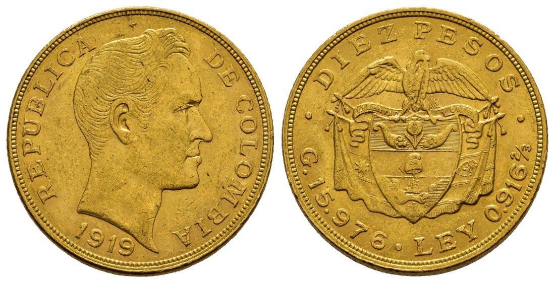 PEUS 8268 Kolumbien 14,52 g Feingold 10 Pesos GOLD 1919 Kl. Kratzer, fast Vorzüglich