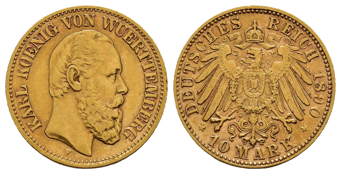 PEUS 8271 Kaiserreich - Württemberg 3,58 g Feingold. Karl (1864 - 1891) SELTENES JAHR! 10 Mark GOLD 1890 F Stuttgart Sehr schön +