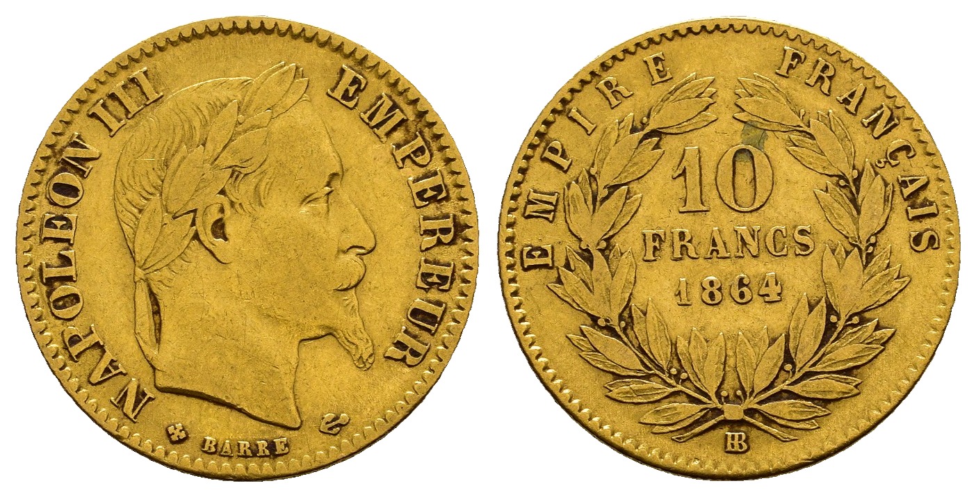 PEUS 8273 Frankreich 2,90 g Feingold. Napoleon III. (1852-1870) 10 Francs GOLD 1864 BB Straßbur Sehr schön
