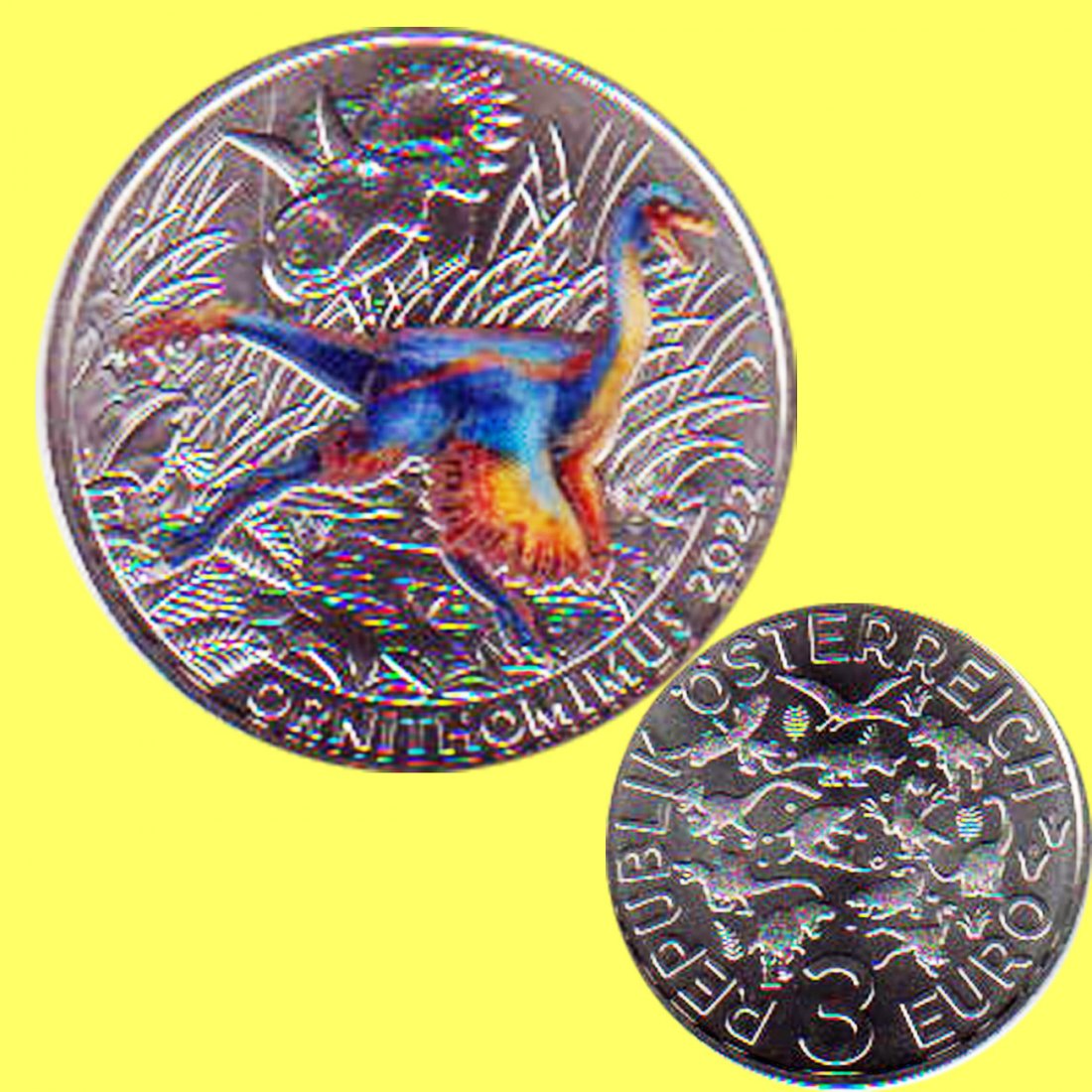  Offiz 3-Euro-Farbmünze Österreich *Ornithomimus velox* 2022 Nachtaktive Münzen letzter Dino   