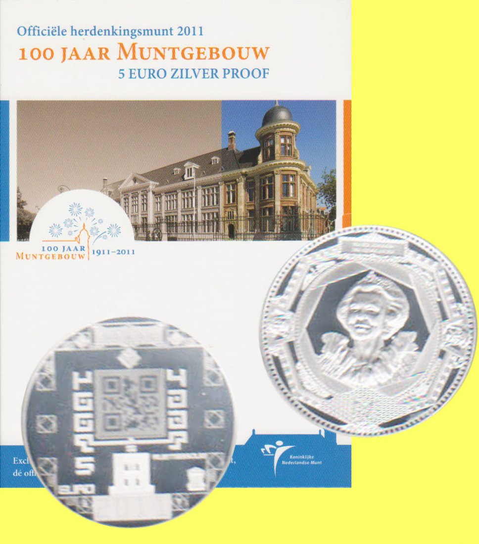  Offiz. 5 Euro Silbermünze Niederl. *100 Jahre Münzgebäude in Utrecht* 2011 *PP* nur 12.500St   