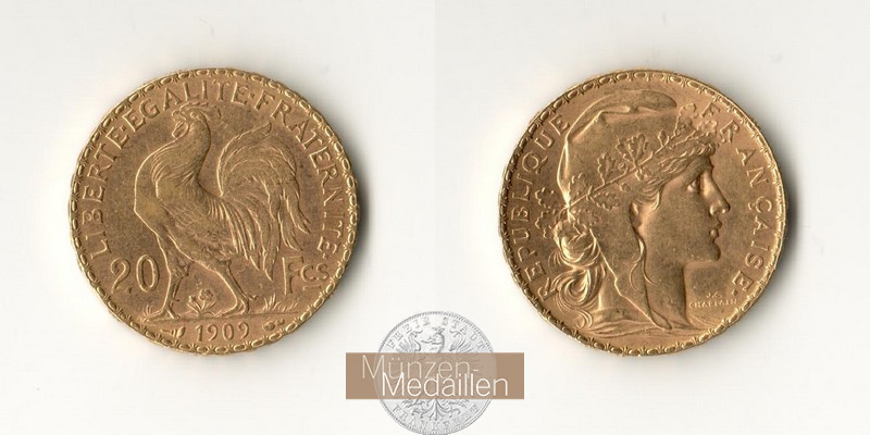 Frankreich  20 Francs MM-Frankfurt Feingold 5,81g Marianne 1909 