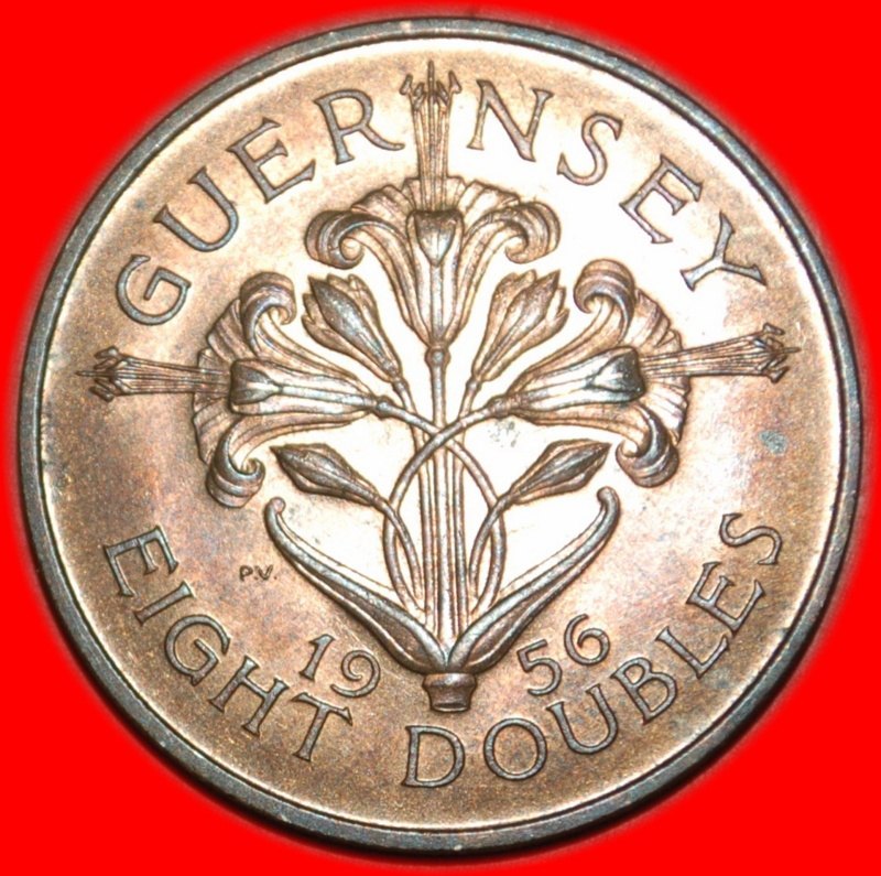  * LILIE ★ GUERNSEY ★ 8 DOUBLES 1956 uSTG!  OHNE VORBEHALT!   