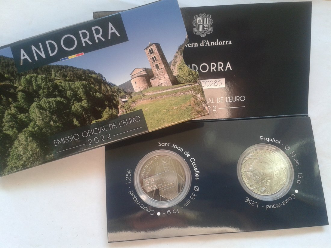  2 x 1,25 euro 2022 Andorra coincard Esquirol und Sant Joan de caselles in coincard Vorverkauf (VVK)   