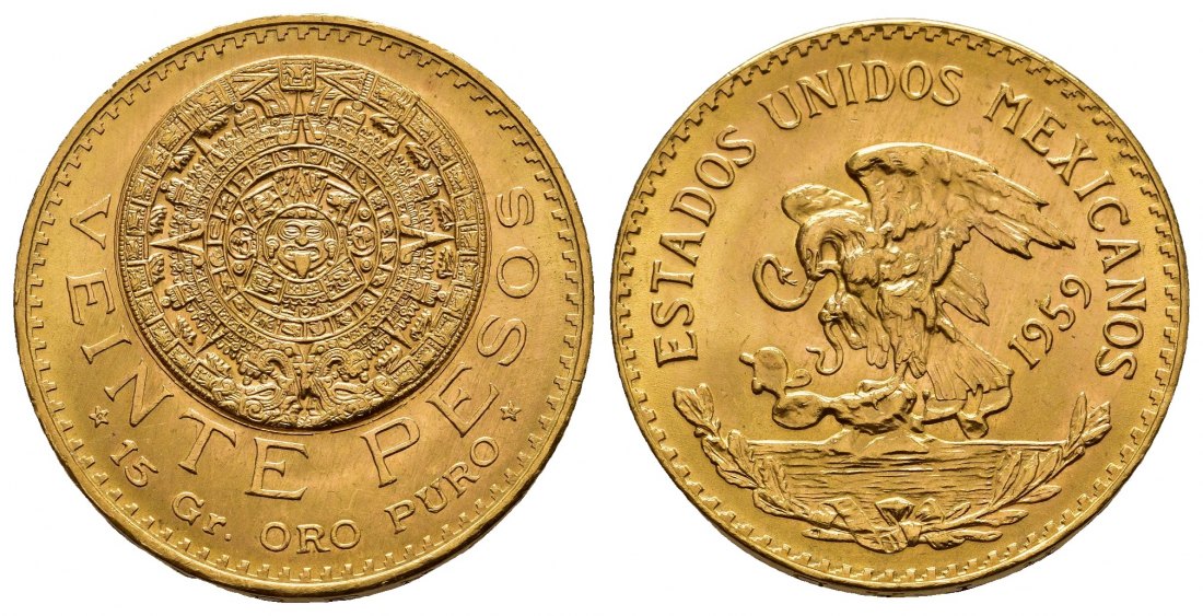 PEUS 8281 Mexiko 15 g Feingold 20 Pesos GOLD 1959 Kl. Kratzer, Fast Stempelglanz