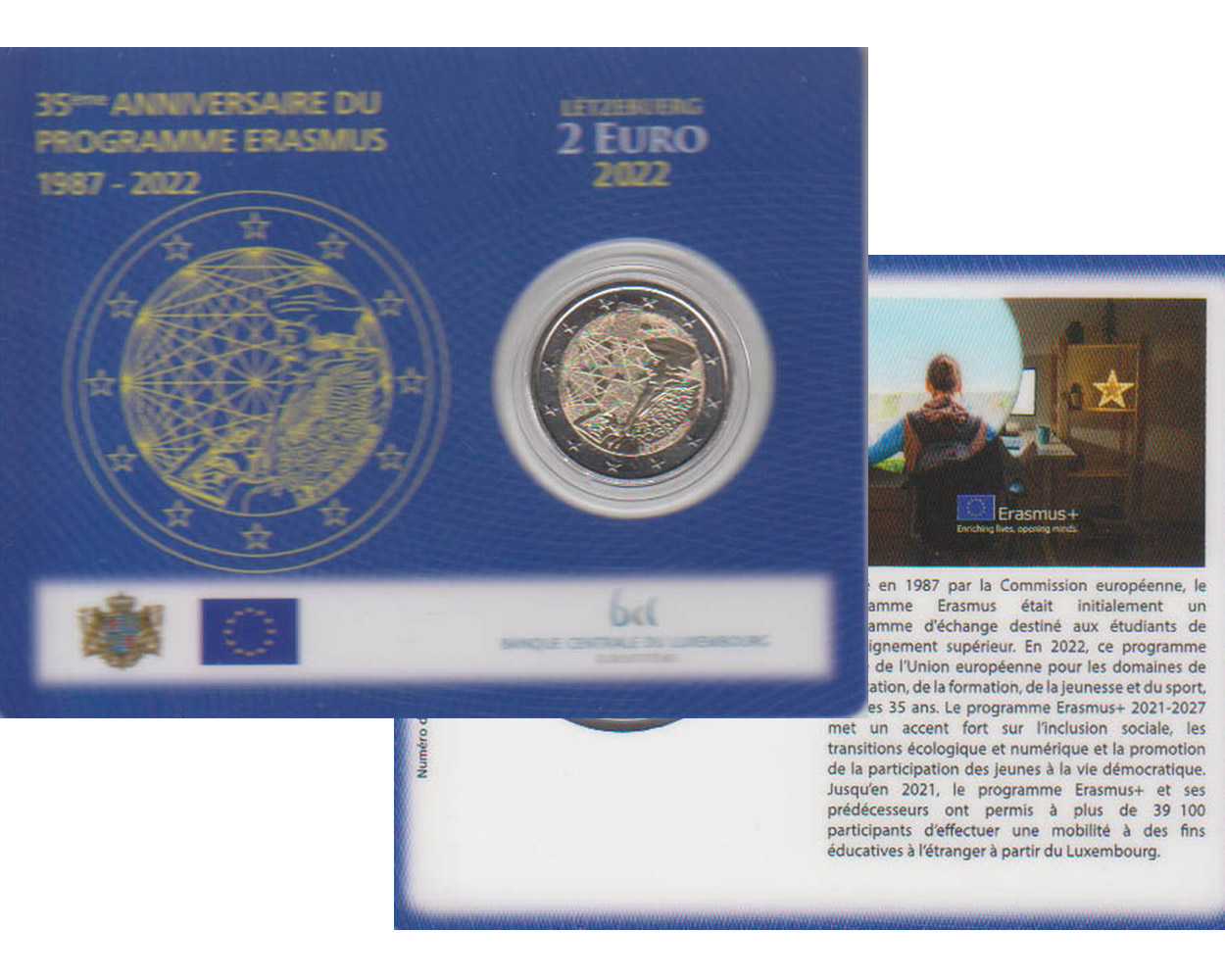  Offiz. Coincard 2 €-Sondermünze Luxemburg *35 Jahre Erasmus-Programm* 2022 nur 7.500St!   