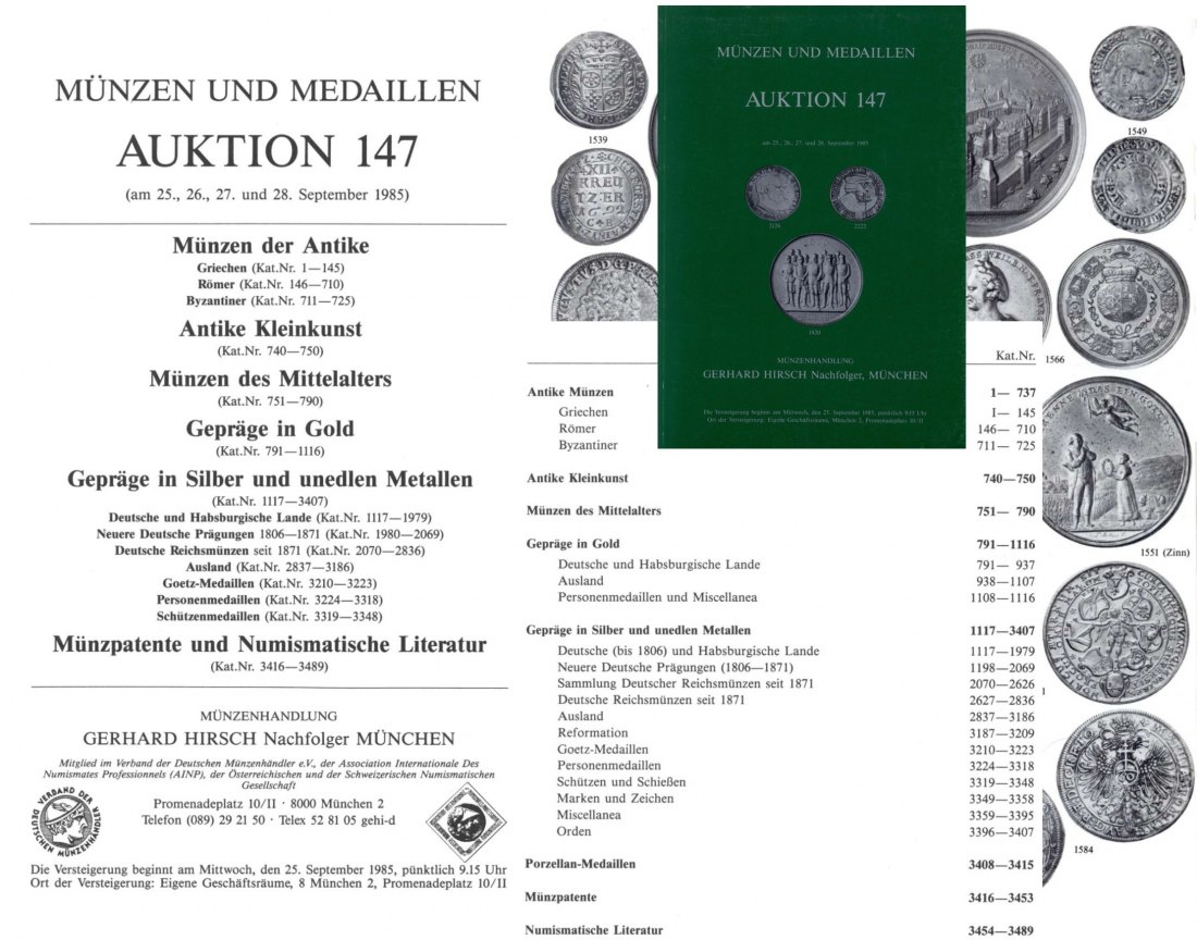  Hirsch (München) Auktion 147 (1985) Antike ,Antike Kleinkunst ,Mittelalter - Neuzeit ua Münzpatente   