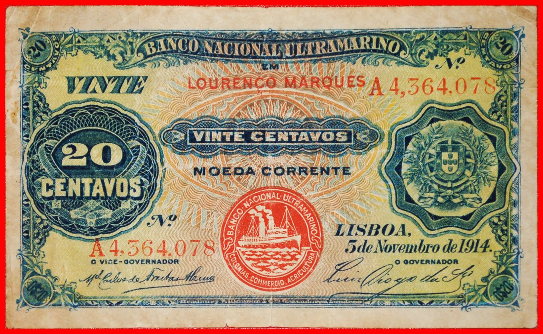  * GREAT BRITAIN: MOZAMBIQUE OF PORTUGAL★20 CENTAVOS 1914 SHIP JUST PUBLISHED★LOW START ★ NO RESERVE!   