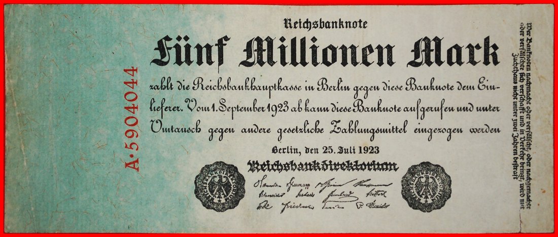 * REICHSBANKNOTE: GERMANY ★ 5000000 MARK 1923 PREFIX LETTER A CRISP!★LOW START ★ NO RESERVE!   