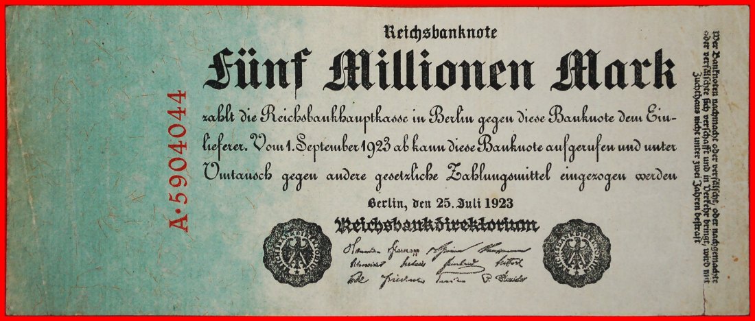 * REICHSBANKNOTE: GERMANY ★ 5000000 MARK 1923 PREFIX LETTER A CRISP!★LOW START ★ NO RESERVE!