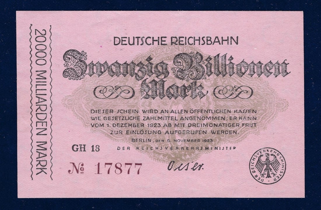  20 Billionen Mark 1923 Notgeld Banknote Deutsche Reichsbahn Berlin   