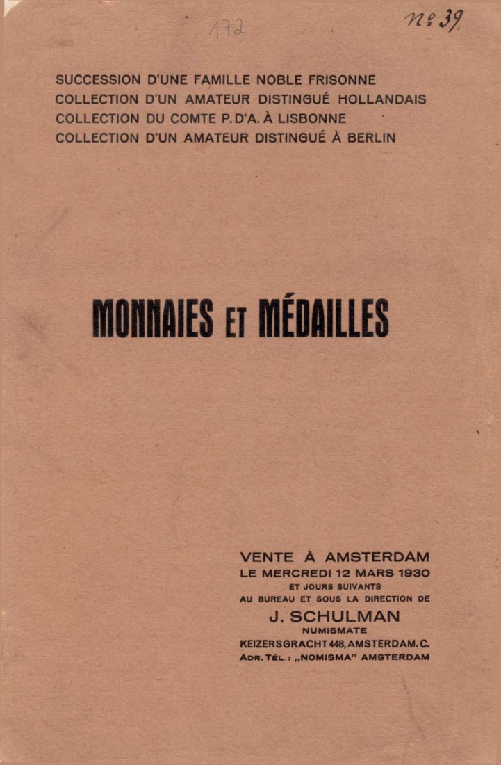  Schulman Jacques (Amsterdam) - Katalog (172) 1930 - Monnaies et Medailles   