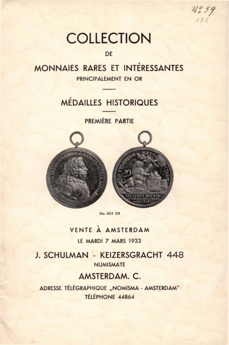  Schulman Jacques (Amsterdam) - Katalog (181) 1933 Collection de Monnaies Rares et interessantes   