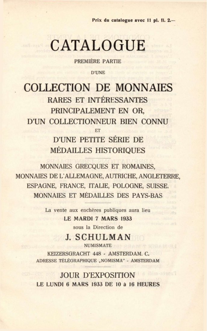  Schulman Jacques (Amsterdam) - Katalog (181) 1933 Collection de Monnaies Rares et interessantes   