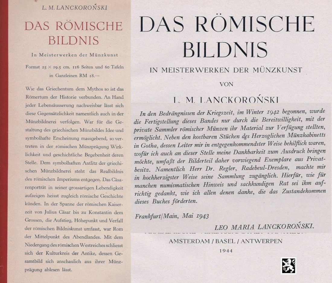  Lanckoronski - Das römische Bildnis in Meisterwerken der Münzkunst / Leinen 1944   