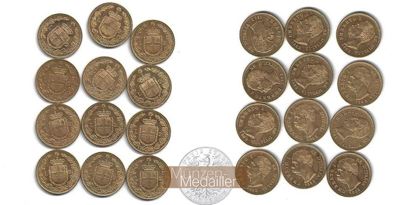 Italien, 12x 20 Lire MM-Frankfurt Feingold: 12x 5,81g Umberto I. (1878 - 1900) 1882 