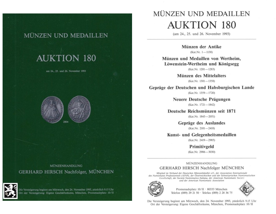  Hirsch (München) Auktion 180 (1993) Antike - Neuzeit Slg. Wertheim Löwenstein - Wertheim & Königsegg   