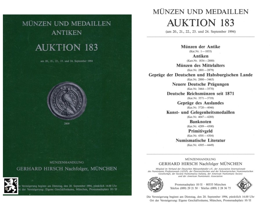  Hirsch (München) Auktion 183 (1994) Münzen der Antike ,Mittelalter und Neuzeit & Antike Kleinkunst   