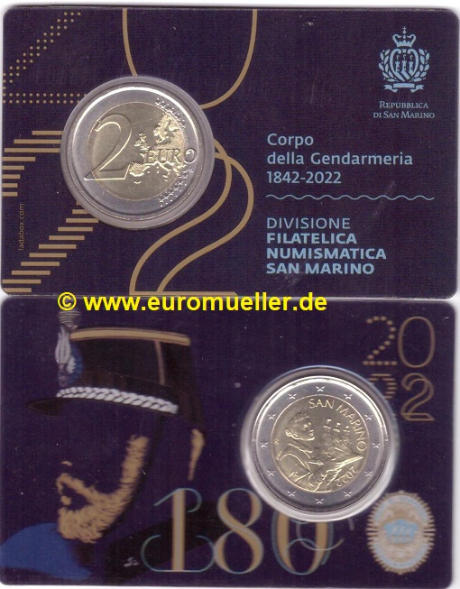 San Marino ...2 Euro Kursmünze...2022...bu...in Coincard...Gendarmeria   