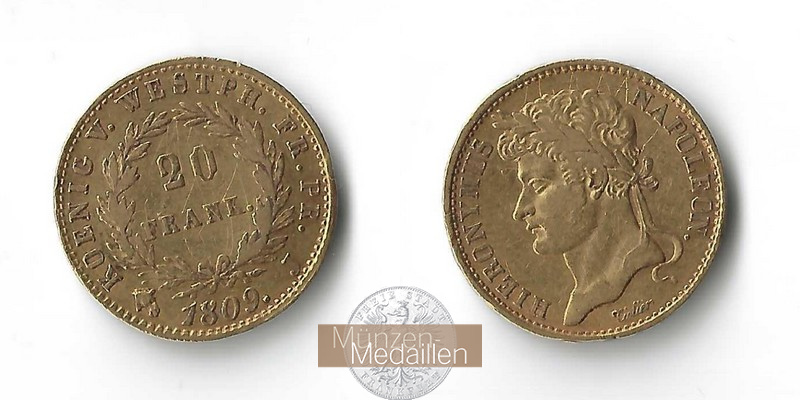 Westphalen, Königreich. 20 Francs MM-Frankfurt  Feingold: 5,81g Hyronimus Napoleon I. 1804-1815 1809 J 