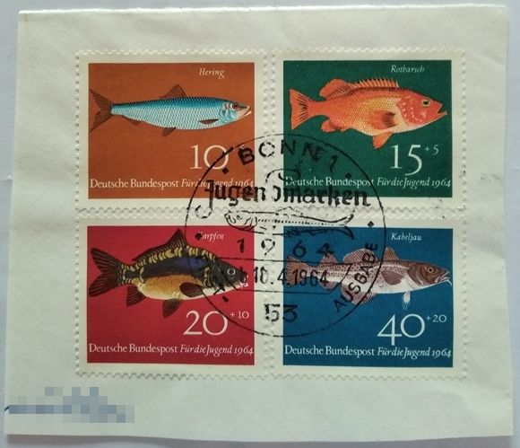  1964, Germany, a stamp series: „Youth: Fish”, FDP, parts of envelopes, Mi DR 412-415   