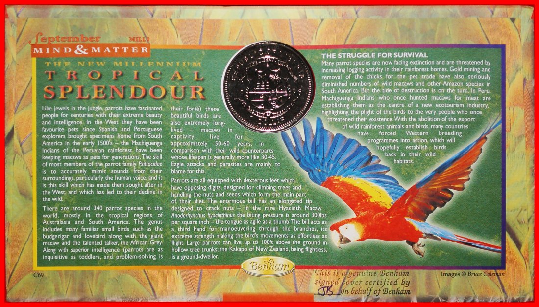  * GREAT BRITAIN: LIBERIA ★ 1 DOLLAR 1996 PARROT NUMISLETTER! COA UNCOMMON!★ LOW START ★ NO RESERVE!   