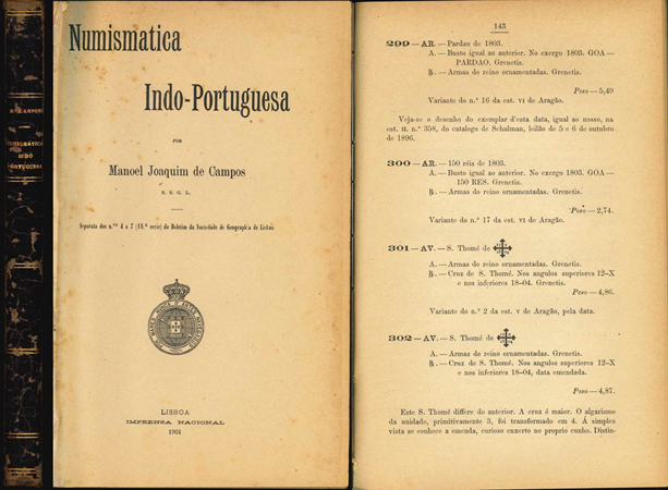  Manoel Joaquim de Campos; Numismatica Indo - Portuguesa, Lisboa 1901   