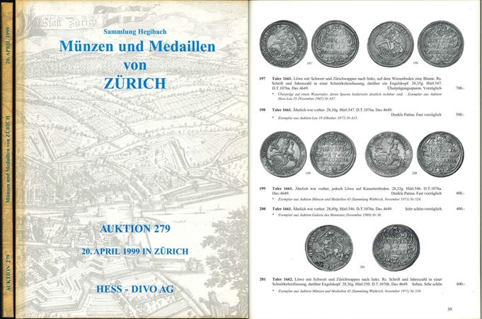  Hess - Divo AG;  Sammlung Hegibach; Münzen und Medaillen von Zürich; Auktion 279; Zürich 1999   