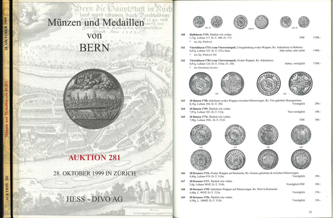  Hess-Divo AG; Münzen und Medaillen von Bern; Auktion 281; Zürich 1999   