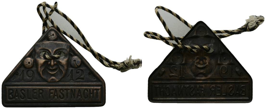  Basler Fastnacht 1912; Abzeichen, gelocht-tragbar; Kupfer; 5,93 g, H 38 x B 49 mm   