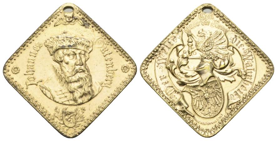  Johannes Gutenberg; Plakette o.J.; vergoldete Bronze; 12,12 g, 28x28 mm   