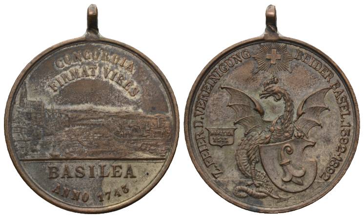  Schweiz, tragbare Bronzemedaille 1892. Auf die 500-Jahrfeier der Vereinigung Basel; 15,47 g, Ø 33 mm   